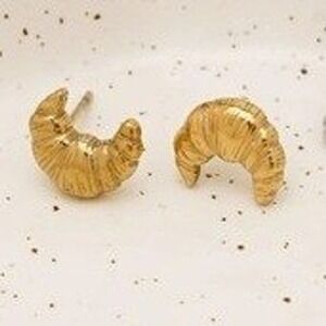 Gold Croissant Stud Earrings Stainless Steel French Pastry Foodie Jewelry NEW